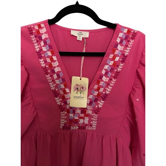 ENTRO BUBBLE SLEEVE DRESS Embroidered Size S Hot Pink - Picture 3 of 6